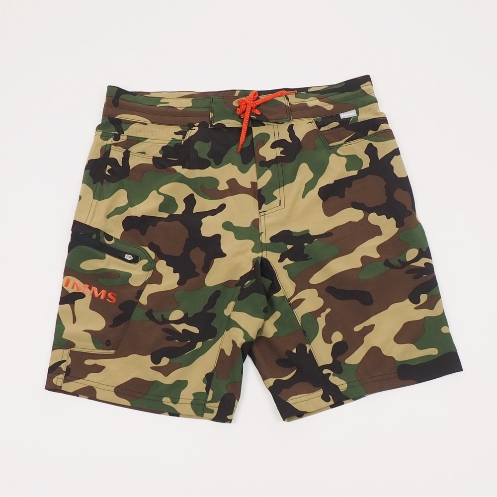 New Simms Fishing Board Shorts Mens 32 Brown Camo Outdoor Surf Hiking Travel